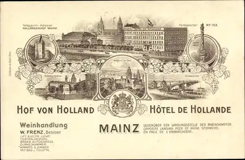 Ak Mainz in Rheinland Pfalz, Hotel Hof von Holland, Hotel de Hollande, Weinhandlung