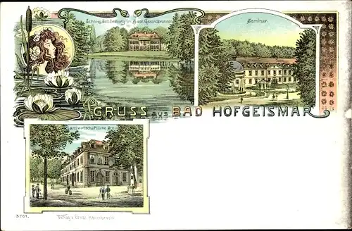 Jugendstil Litho Hofgeismar in Nordhessen, Seminar, Landwirtschaftliche Schule, Schloss Schönburg