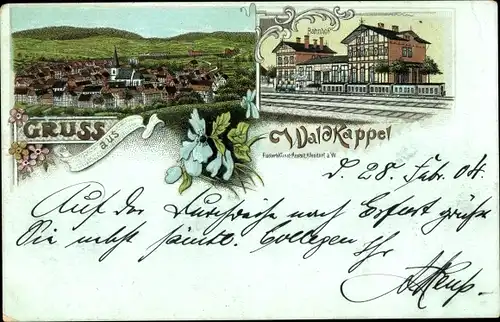 Litho Waldkappel in Hessen, Bahnhof, Gleisseite, Totalansicht der Ortschaft