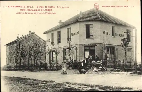 Ak Athis Mons Essonne, Bords de Seine, Hotel-Restaurant Dilassier, Av. de Seine, Quai de l'Industie