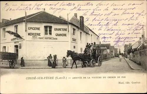 Ak Condé sur Vesgre Yvelines, Epicerie, Arrivee de la voiture du chemin de fer, Kutsche