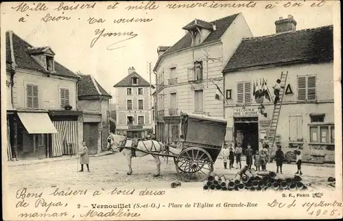 Ak Vernouillet Yvelines, Place de l'Eglise et Grande-Rue, Kutsche