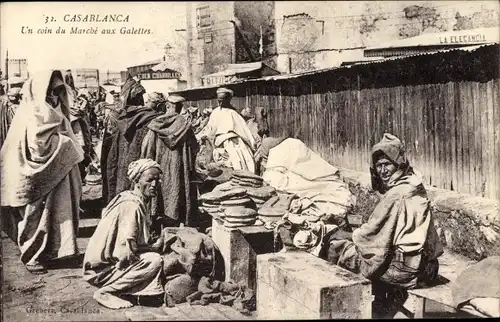 Ak Casablanca Marokko, Un coin du Marché aux Galettes, Markt, Händler