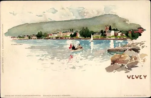 Künstler Litho Voellmy, F., Vevey Kanton Waadt, Bootspartie zum Ort