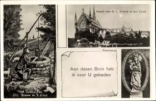 Ak Kapel in 't Zand Roermond Limburg Niederlande, Blick zur Kirche, am Brunnen, Heiligenbild