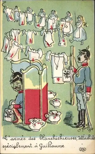 Künstler Ak Karikatur, Kaiser Wilhelm II. auf dem Nachttopf, L'armee des blanchichieuses