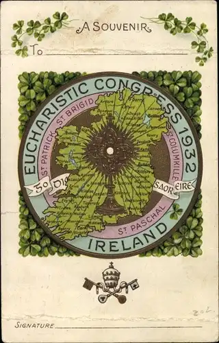 Landkarten Präge Ak Irland, A Souvenir, Eucharistic Congress 1932, Kleeblätter