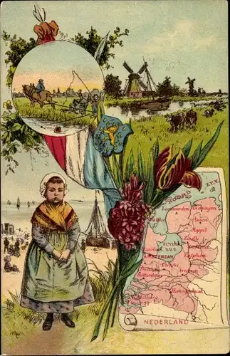 Wappen Landkarten Ak Niederlande, Mädchen in Tracht, Pferdepflug, Windmühle