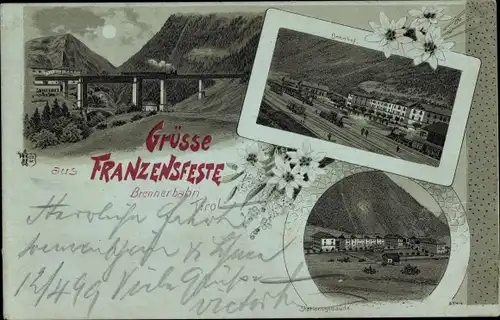 Mondschein Litho Fortezza Franzensfeste Südtirol, Stationsgebäude, Bahnhof, Gleisseite