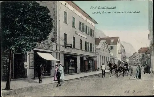 Ak Bad Reichenhall in Oberbayern, Ludwigstraße mit neuem Dianabad, Zigarrenhandlung, Kutsche