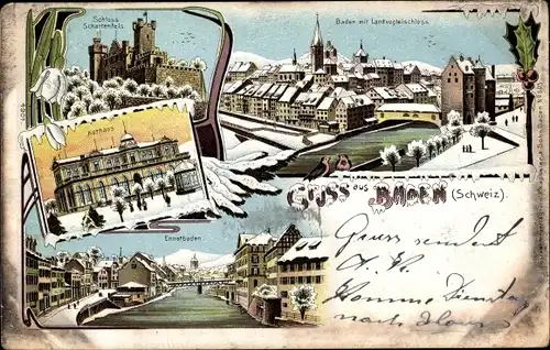Winter Litho Baden Kt. Aargau Schweiz, Schloss, Kurhaus, Stadtansicht