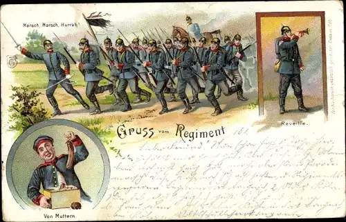Litho Deutsche Soldaten in Uniformen, Gruß vom Regiment, Soldatenleben