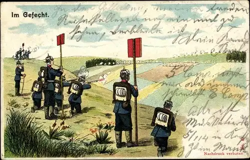 Litho Deutsche Soldaten in Uniformen im Gefecht