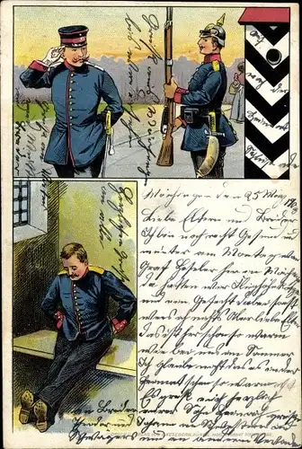 Litho Deutsche Soldaten in Uniformen, Wachposten, Gefängnis