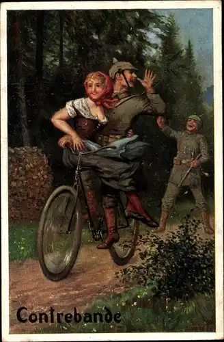 Künstler Ak Contrebande, Soldat mit seiner Liebsten auf einem Fahrrad