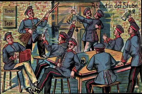 Ak Deutsche Soldaten in Uniformen, Abend in der Stube, I. WK, Akkordeon, Bierkrug
