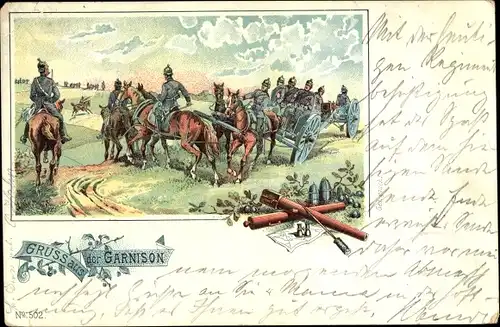 Litho Gruß aus der Garnison, Deutsche Soldaten zu Pferde, Reiter, Kaiserreich-Zeit
