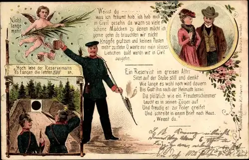 Litho Deutsche Soldaten in Uniformen, Reserve, Hoch lebe der Reservemann, Soldaten beim Schießen