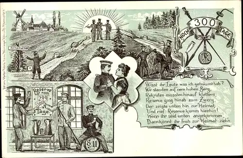 Litho Deutsche Soldaten in Uniformen, Reserve hat noch 300 Tage, Soldatenliebe, Sonnenschein