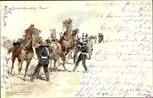 Künstler Litho Becker, Carl, Erstes Geschütz, Feuer, Soldaten mit ihren Pferden
