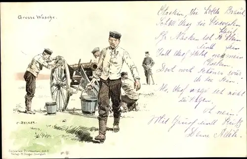 Künstler Litho Becker, C., Große Wäsche, Soldatenleben, Kaiserreich-Zeit