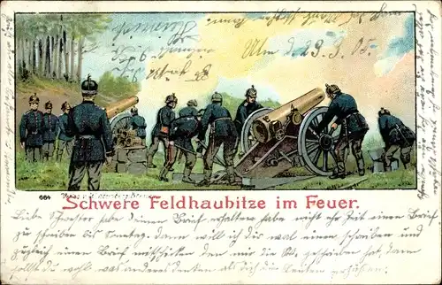 Litho Schwere Feldhaubitze im Feuer, Deutsche Soldaten, Geschütz, Kaiserreich