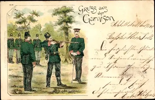 Litho Deutsche Soldaten beim Schießen, Gruß aus der Garnison, Soldatenleben