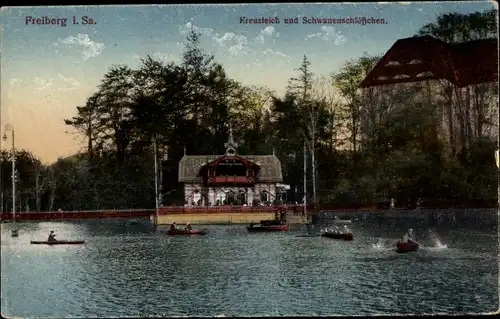 Ak Freiberg in Sachsen, Kreuzteich und Schwanenschlösschen, Boote