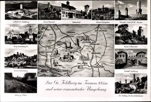 Landkarten Ak Taunus, Großer Feldberg, Ruine Eppstein, Kastell Saalburg, Burg Kronberg, Königstein