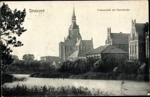 Ak Stralsund in Vorpommern, Frankenteich mit Marienkirche