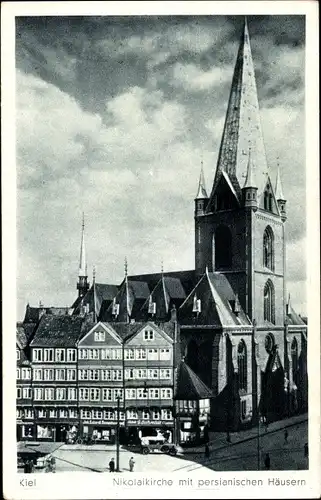 Ak Kiel Schleswig Holstein, Nikolaikirche mit persianischen Häusern