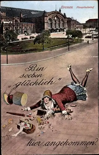 Ak Bremen, Hauptbahnhof, Bin soeben "glücklich" hier angekommen, gestürzte Dame