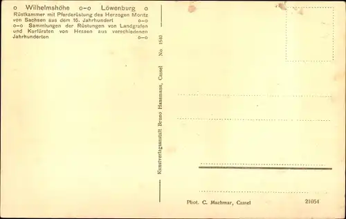 Ak Wilhelmshöhe Kassel, Löwenburg, Rüstkammer mit Pferderüstung d. Herzogs Moritz v. Sachsen