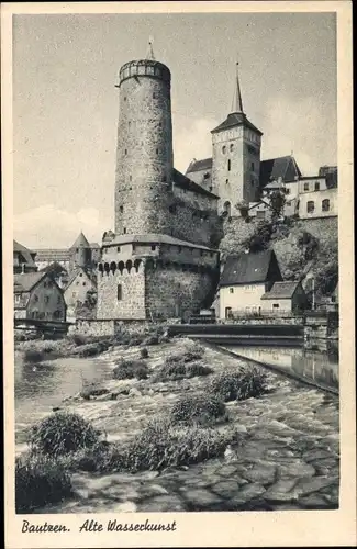 Ak Bautzen in der Oberlausitz, alte Wasserkunst, Spreewehr, Blick auf den Ort