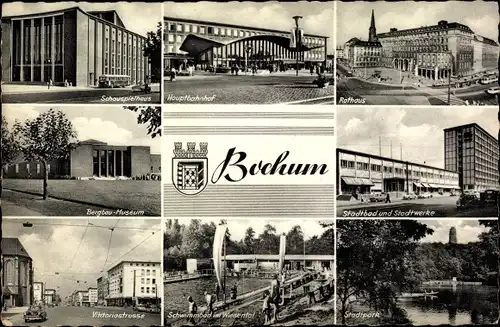 Ak Bochum im Ruhrgebiet, Schauspielhaus, Hauptbahnhof, Rathaus, Bergbau Museum, Wappen