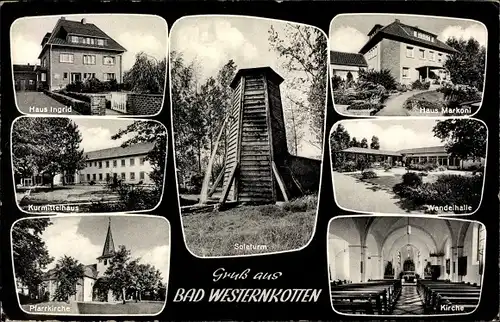 Ak Westernkotten Erwitte in Westfalen, Haus Ingrid, Kurmittelhaus, Pfarrkirche, Haus Markoni, Kirche