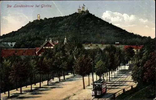 Ak Görlitz in der Lausitz, Landeskrone, Straßenbahn