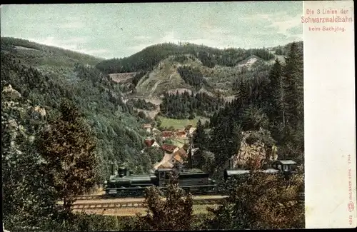 Ak Triberg im Schwarzwald, Bachjörg, die drei Linien der Schwarzwaldbahn