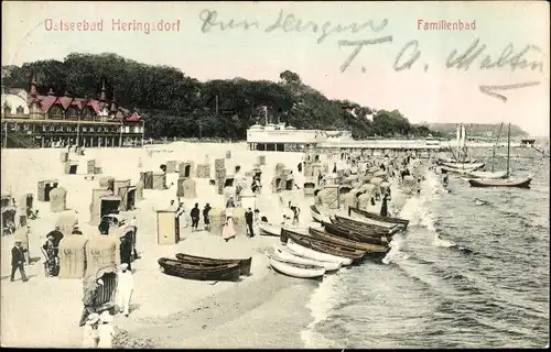 Ak Ostseebad Heringsdorf auf Usedom, Familienbad, Strandkörbe, Ruderboote, Segelboote, Strand