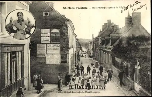 Ak Saint Mars d’Outillé Sarthe, Rue Principale prise de l'Eglise, Cafe de l'Union, Anwohner