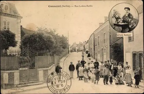 Ak Connerré Sarthe, Rue Ledru Rollin, Costume Sarthoir