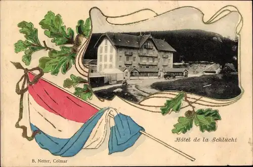 Passepartout Ak Col de la Schlucht Vosges, Hotel de la Schlucht, Fahne