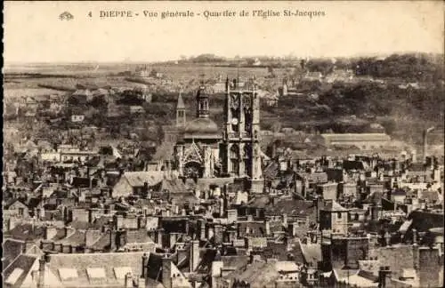 Ak Dieppe Seine Maritime, Vue générale, Quartier de l'Eglise St Jacques