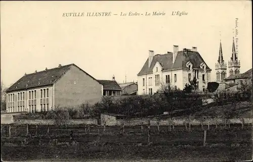 Ak Euville Meuse, Les Ecoles, La Mairie, L'Eglise