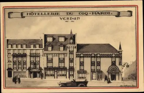 Ak Verdun Lothringen Meuse, Hotellerie du Coq Hardi, Cafe du Commerce, voiture