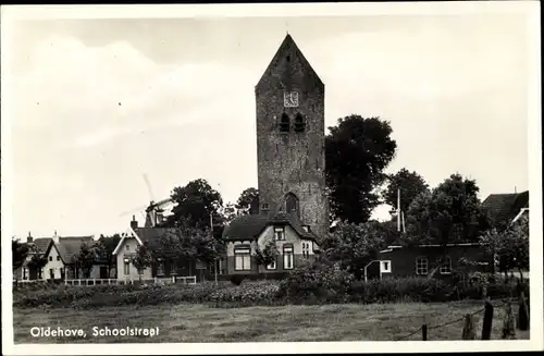 Ak Oldehove Groningen, Schoolstraat, Kirche, Windmühle