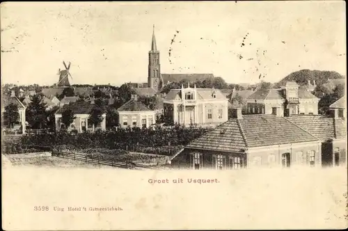 Ak Usquert Groningen, Teilansicht, Kirche, Windmühle