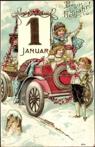 Präge Ak Glückwunsch Neujahr, Kalender, Kinder, Auto, Sektflasche