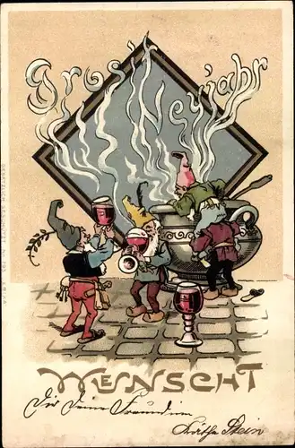 Ak Glückwunsch Neujahr, Zwerge, Kessel, Weinglas