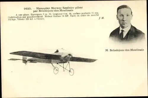 Ak Französisches Flugzeug, Flugpionier, Monoplan Morane Saulnier pilote par B. des Moulinais